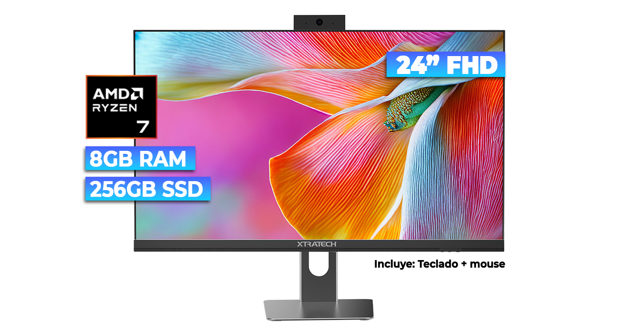 COMPUTADOR AIO XTRATECH X-ONE AMD RYZEN 7-7730U 60GHZ-8GB-256GB SSD-BLACK-24" FHD-FREEDOS+MOU+TECLA